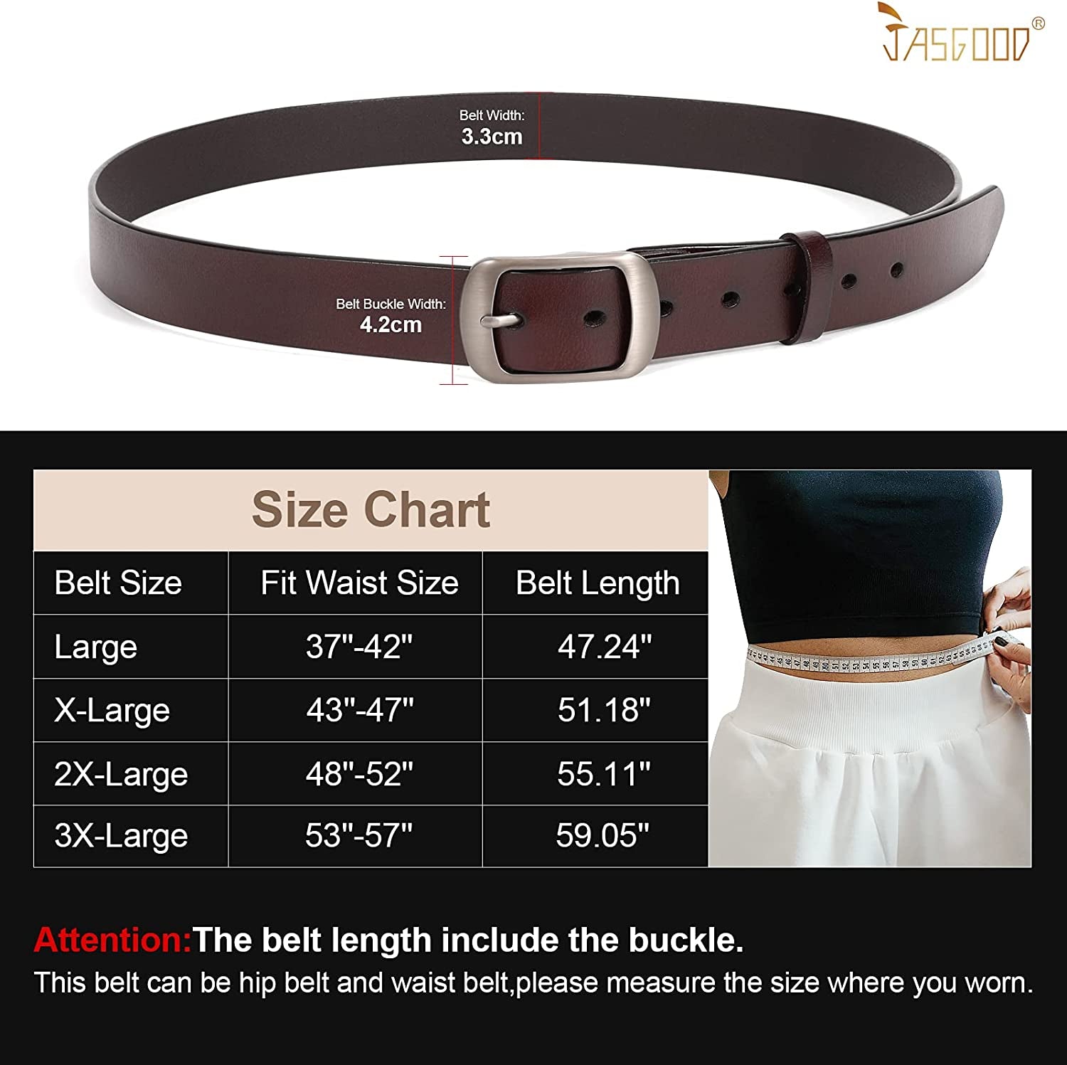 Plus Size Women Leather Belt JASGOOD Black Casual Waist Belt for Jeans Pants with Metal Pin Buckle Apparel & Accessories > Clothing Accessories > Belts KYLIE MAX   