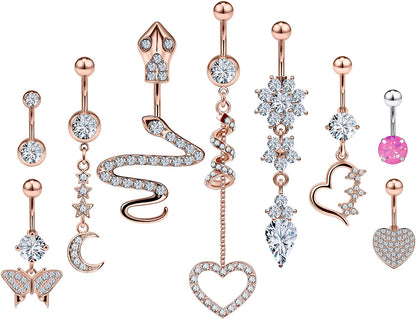 Rksndnn 14G Belly Button Rings Dangle for Women Stainless Steel Belly Rings Belly Piercing Jewelry Snake Reverse Spiral with Clear Cz Navel Rings Belly Button Ring Belly Ring Body Piercing Jewelry Apparel & Accessories > Jewelry > Rings Generic Stainless Steel,Clear,Rose Gold  