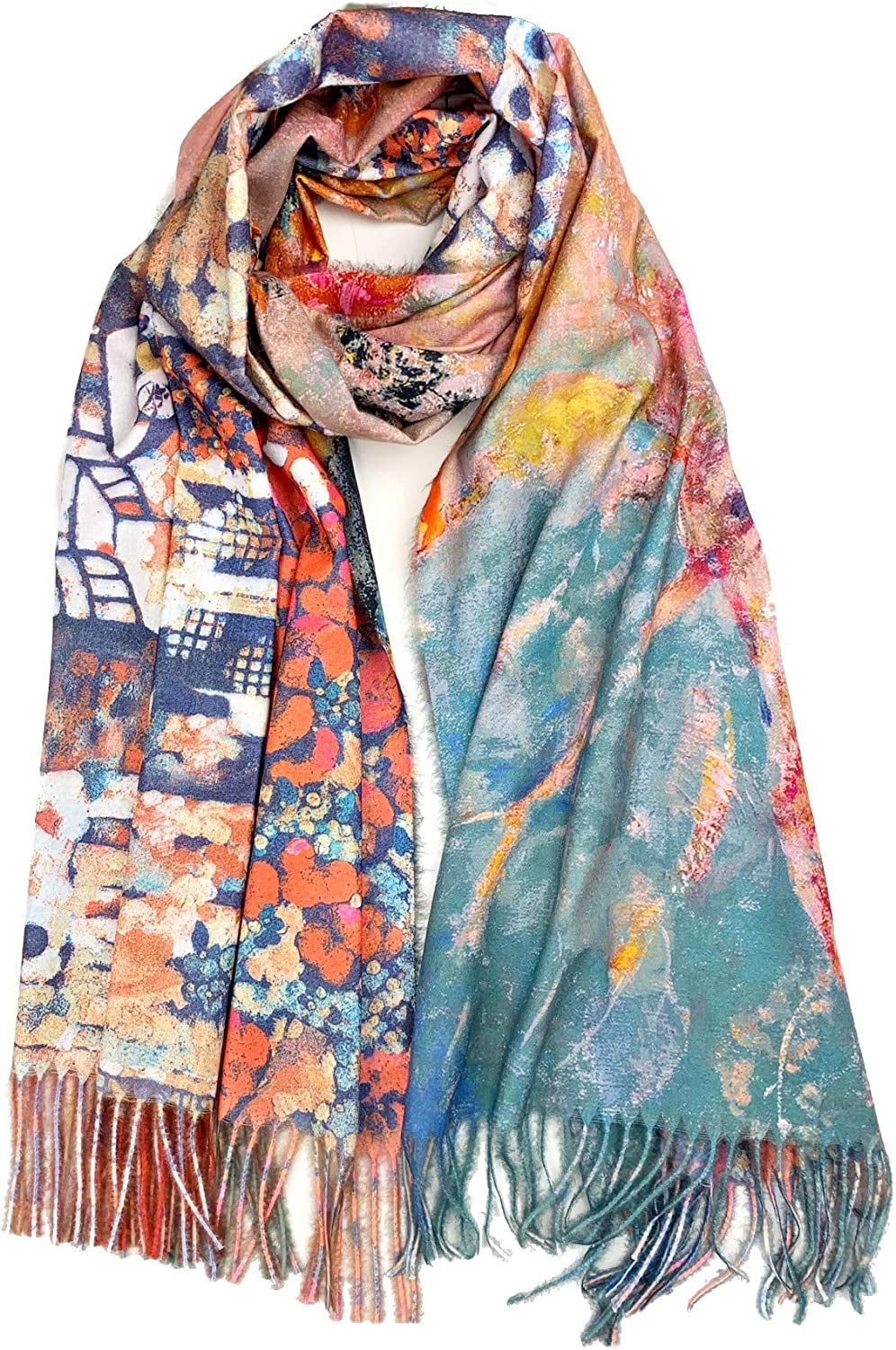 Plum Feathers Super Soft Cashmere Feel Double Sided Reversible Art Shawl Scarf Van Gogh Monet Klimt Inspired Apparel & Accessories > Clothing Accessories > Scarves & Shawls Plum Feathers Abstract Floral Oil Painting  