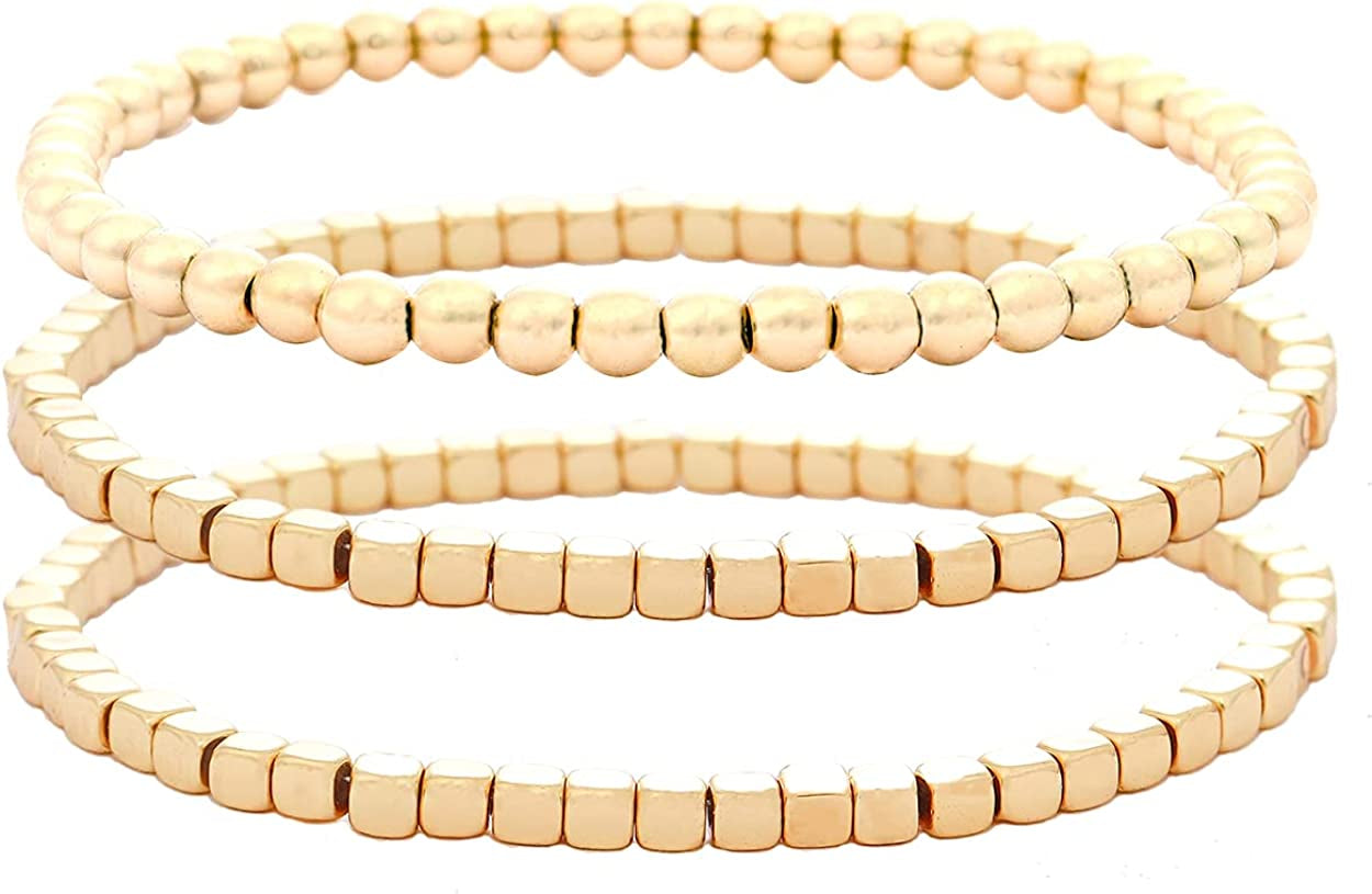 Colorful Beaded Bracelet for Women Heishi Bracelet Set Assorted Gold Bead Stackable Stretch Strand Bracelet Apparel & Accessories > Jewelry > Bracelets WETMT Gold 2cube1round  