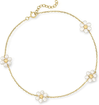 RS Pure by Ross-Simons 3-3.5Mm Cultured Pearl Flower Station Anklet in 14Kt Yellow Gold. 9 Inches Apparel & Accessories > Jewelry > Anklets Ross-Simons   