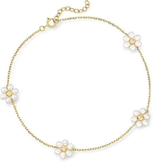 RS Pure by Ross-Simons 3-3.5Mm Cultured Pearl Flower Station Anklet in 14Kt Yellow Gold. 9 Inches Apparel & Accessories > Jewelry > Anklets Ross-Simons   