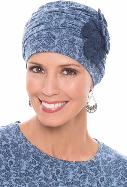 Cardani Large Flapper Turban Viscose from Bamboo Hat for Large Heads Apparel & Accessories > Clothing Accessories > Headwear Cardani Denim Paisley W/ Navy One Size 