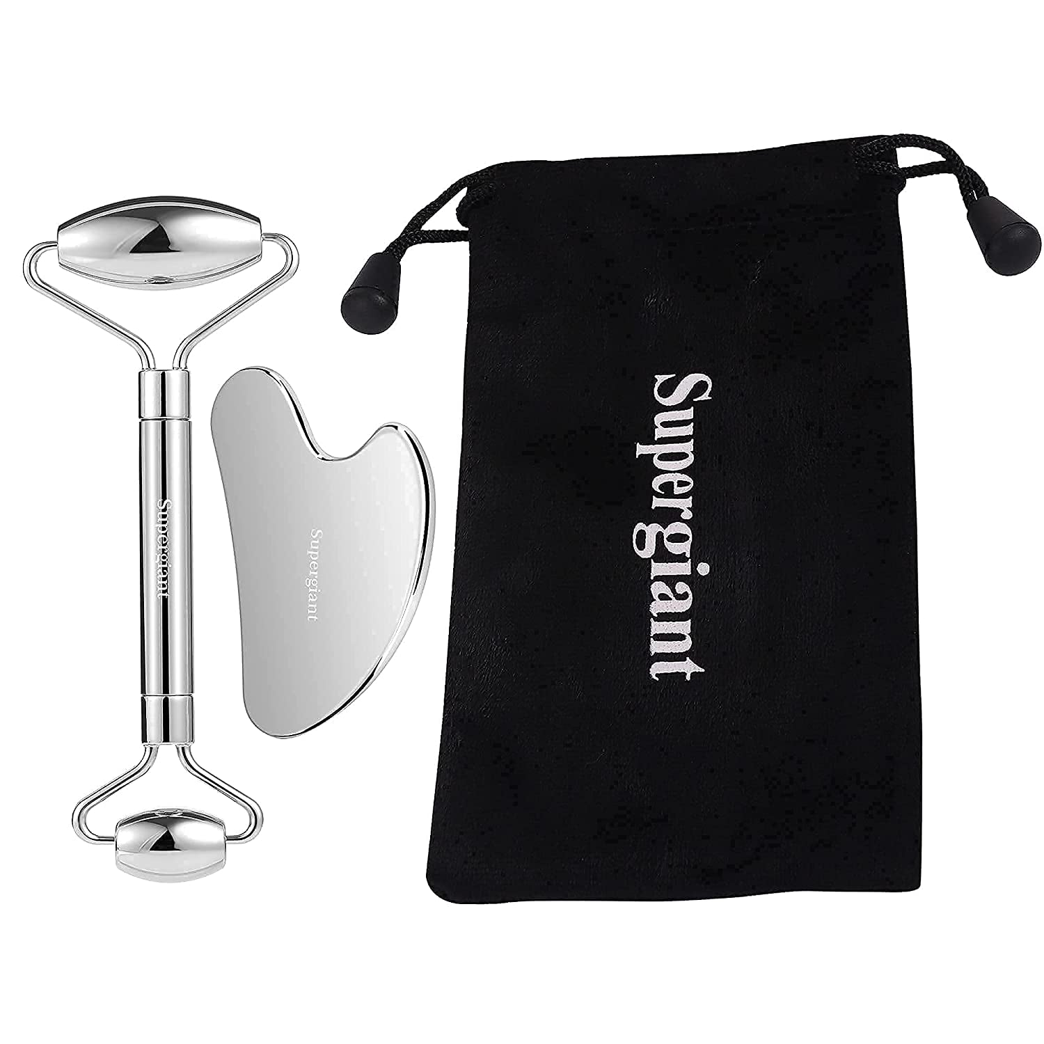 Supergiant Stainless Steel Face Roller and Gua Sha Set Facial Roller Massager Skin Care Roller Tools for Face Eyes Neck, Relieve Fine Lines and Wrinkles with Travel Pouch Health & Beauty > Personal Care > Cosmetics > Cosmetic Tools > Skin Care Tools Supergiant   