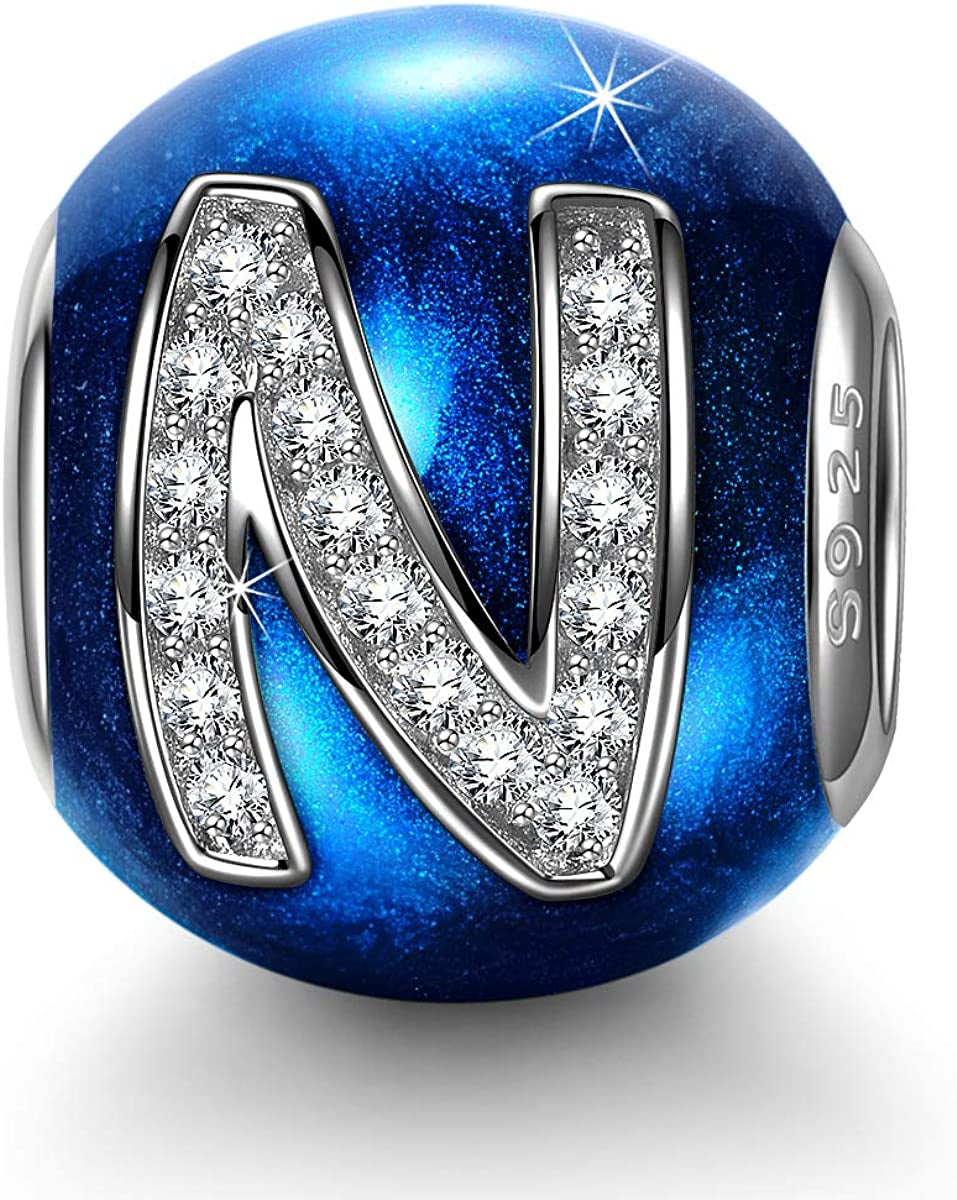 NINAQUEEN Letter Charms A-Z Beads, 925 Sterling Silver with Enamel and Cubic Zirconia, Fit Charms Bracelet and Necklace, Jewelry Box for Personalized Gift Apparel & Accessories > Jewelry > Bracelets NINAQUEEN N  