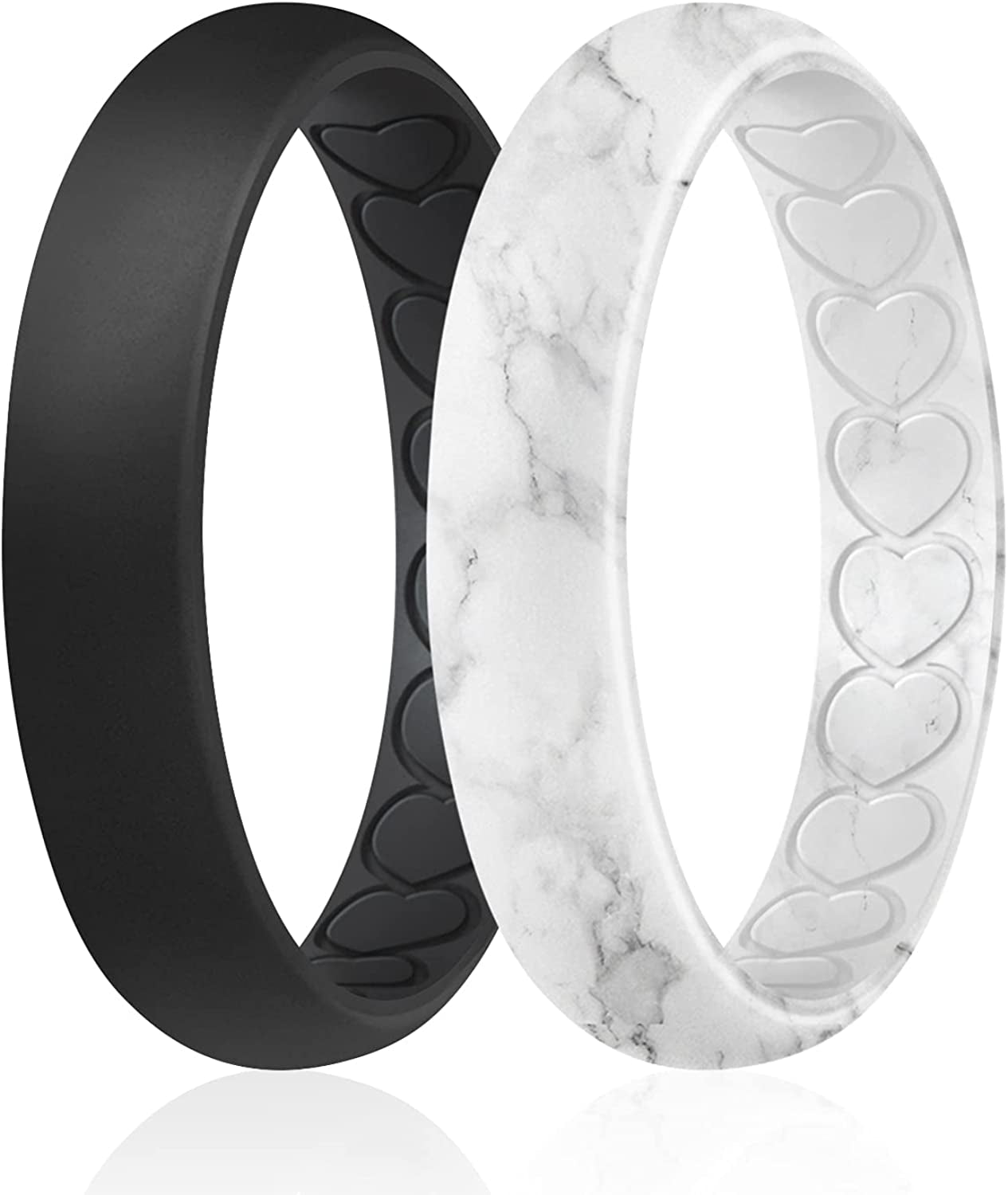 ROQ Silicone Wedding Bands for Women - Breathable Thin Inner Hearts Unique Design Womens Silicone Rubber Ring - Bridal Jewelry Set Anniversary Rings - U.S. Design Patent Pending Apparel & Accessories > Jewelry > Body Jewelry ROQ Black, Marble White with Black 6 - 6.5 (16.5mm) 
