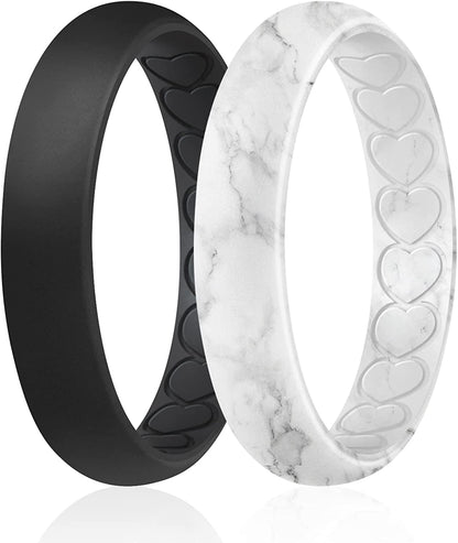 ROQ Silicone Wedding Bands for Women - Breathable Thin Inner Hearts Unique Design Womens Silicone Rubber Ring - Bridal Jewelry Set Anniversary Rings - U.S. Design Patent Pending Apparel & Accessories > Jewelry > Body Jewelry ROQ Black, Marble White with Black 6 - 6.5 (16.5mm) 