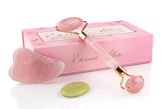 Rose Quartz Face Roller & Gua Sha | Eternal Allure 3-In-1 Jade Roller with Detailed Instructions Guide, Self Care Tools for Puffy Eyes, Face, Neck, Lymphatic Drainage, Fine Lines and Wrinkles - Includes Travel Pouch plus Mini Gua Sha Health & Beauty > Personal Care > Cosmetics > Cosmetic Tools > Skin Care Tools Eternal Allure   