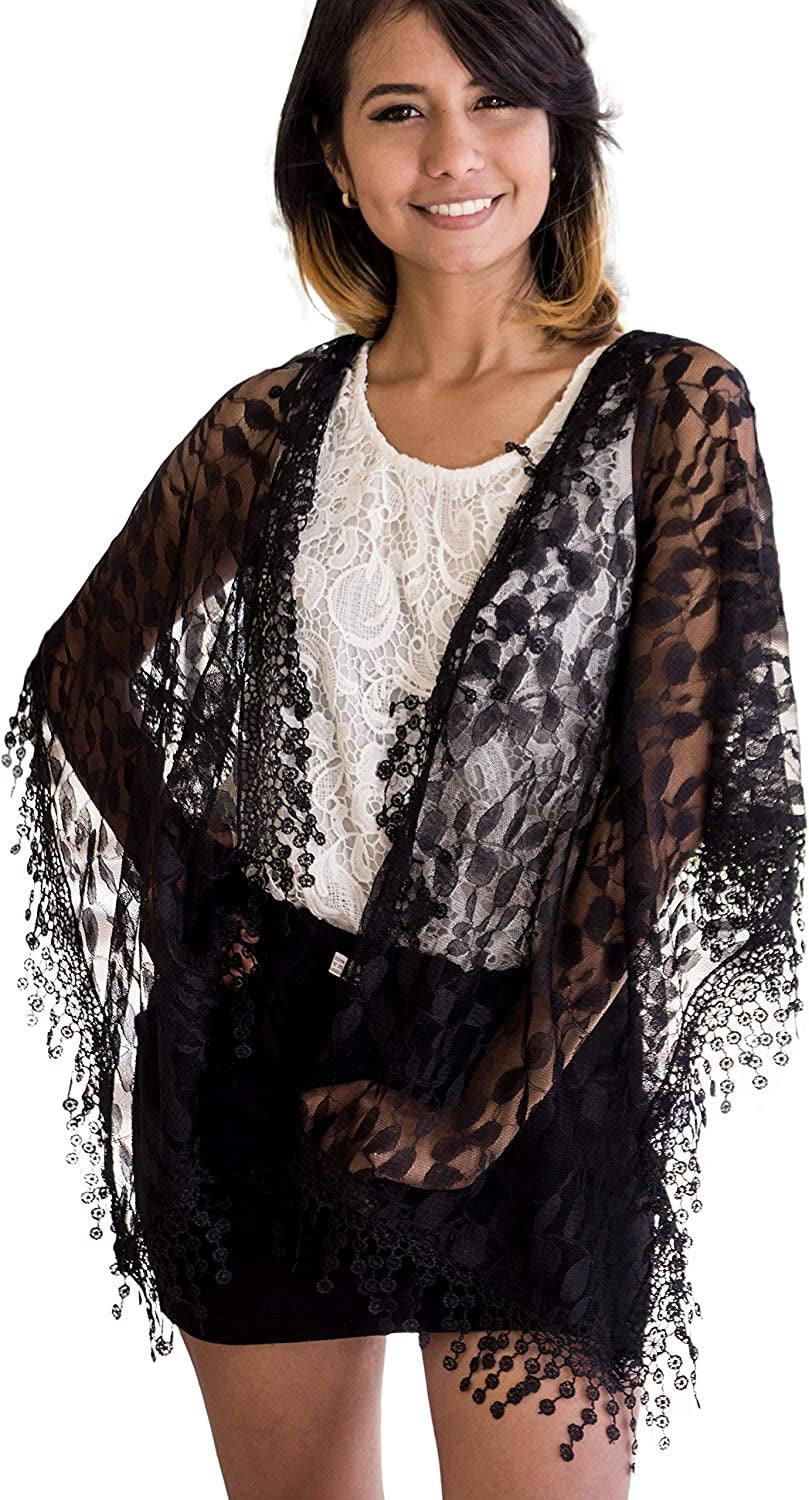 Women'S Lightweight Feminine Lace Teardrop Fringe Lace Scarf Vintage Scarf Mesh Crochet Tassel Cotton Scarf for Women Apparel & Accessories > Clothing Accessories > Scarves & Shawls Tan's Black 21  