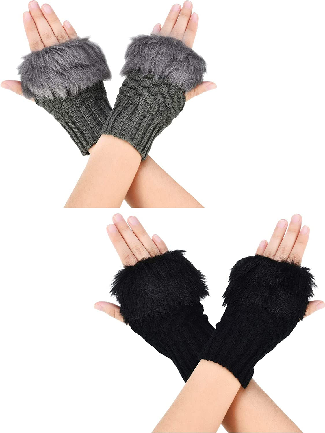 Boao 2 Pairs Fingerless Winter Gloves Short Touchscreen Gloves Thumb Hole Mittens Knitted Warm Gloves with Faux Fur Apparel & Accessories > Clothing Accessories > Gloves & Mittens Boao Black and Dark Gray  