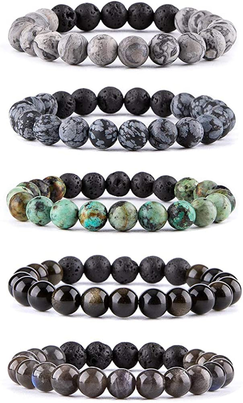 Bivei Natural Gem Semi Precious Reiki Healing Crystals Handmade 8Mm round Beads Stretch Bracelet Apparel & Accessories > Jewelry > Bracelets Bivei 5PCS SET(Black Spectrolite+Obsidian+African Pine+Snowflake+Picasso with lava stone)  