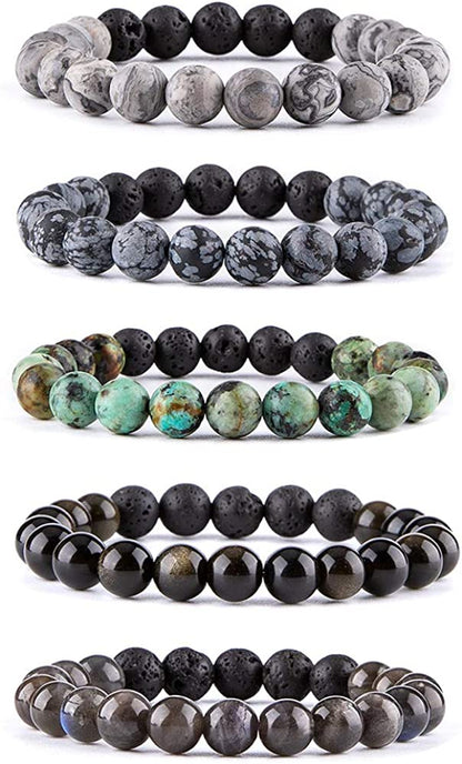Bivei Natural Gem Semi Precious Reiki Healing Crystals Handmade 8Mm round Beads Stretch Bracelet Apparel & Accessories > Jewelry > Bracelets Bivei 5PCS SET(Black Spectrolite+Obsidian+African Pine+Snowflake+Picasso with lava stone)  