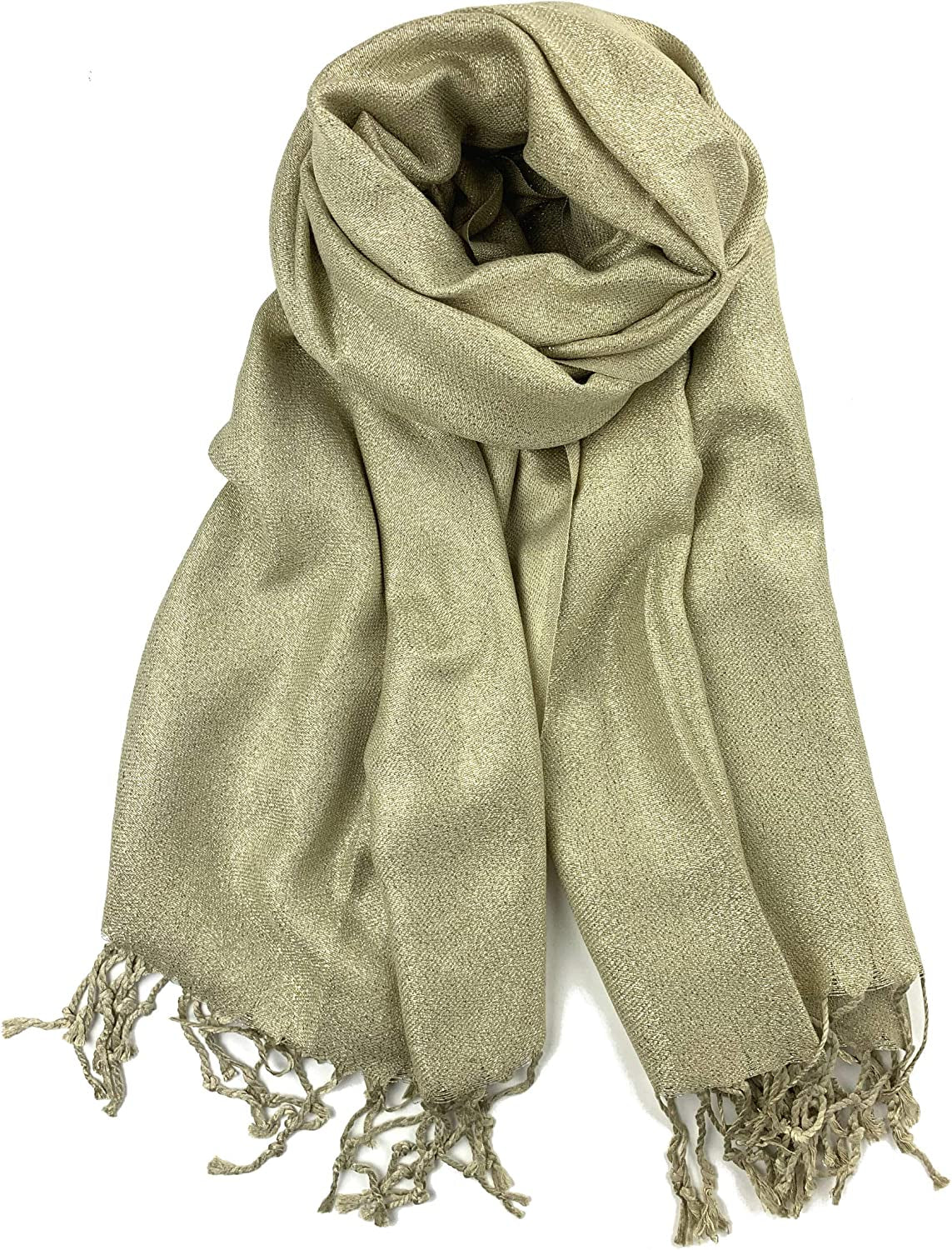 Plum Feathers Premium Solid Color and Metallic Fashion Scarf, Womens Pashmina Shawl Wrap with Fringes Apparel & Accessories > Clothing Accessories > Scarves & Shawls Plum Feathers Metallic Beige  