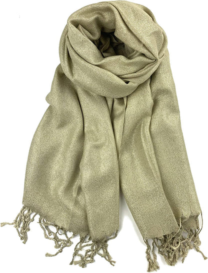 Plum Feathers Premium Solid Color and Metallic Fashion Scarf, Womens Pashmina Shawl Wrap with Fringes Apparel & Accessories > Clothing Accessories > Scarves & Shawls Plum Feathers Metallic Beige  