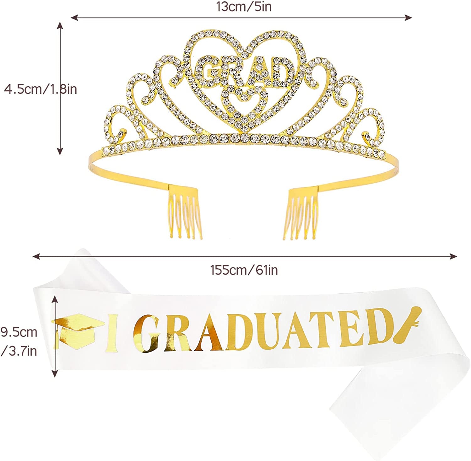 CAVETEE Gold Graduate Crown and Sash Congratulations Graduate 2022 Grad Party Decorations 2022 Graduate Crowns for Women Grad Tiara and I Graduated Sash for Women Grad Cap Decorations Grad Cap Topper Apparel & Accessories > Clothing Accessories > Sashes CAVETEE   