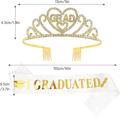CAVETEE Gold Graduate Crown and Sash Congratulations Graduate 2022 Grad Party Decorations 2022 Graduate Crowns for Women Grad Tiara and I Graduated Sash for Women Grad Cap Decorations Grad Cap Topper Apparel & Accessories > Clothing Accessories > Sashes CAVETEE   