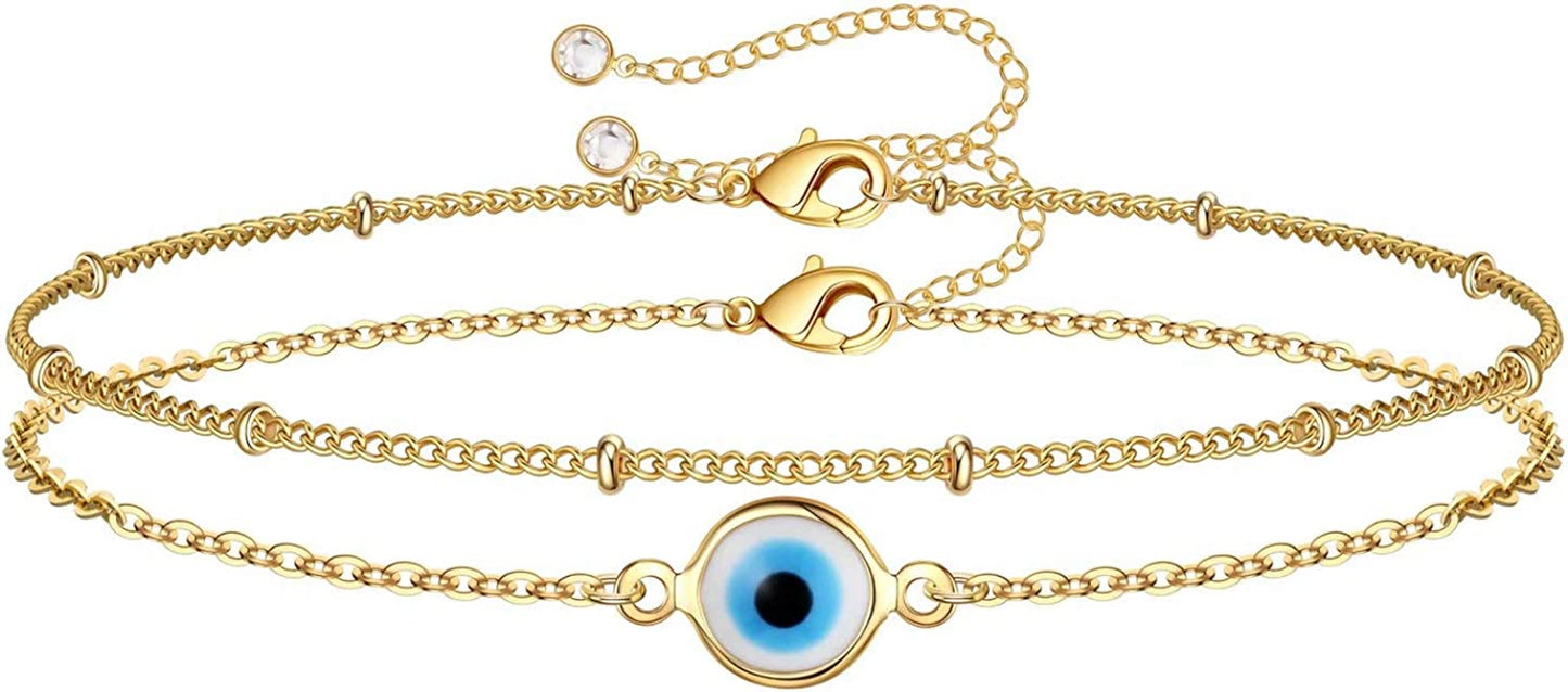 Dainty Gold Bracelets for Women, 14K Gold Filled Adjustable Layered Bracelet Cute Evil Eye Oval Chain Pearl Bar Turtle Gold Bracelets for Women Jewelry Apparel & Accessories > Jewelry > Bracelets Turandoss Evil Eye&Beads Chain  