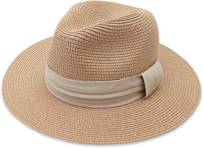 DRESHOW Women Straw Panama Hat Fedora Beach Sun Hat Wide Brim Straw Roll up Hat UPF 50+ Apparel & Accessories > Clothing Accessories > Hats DRESHOW 1 Pack：brown Square Knot  