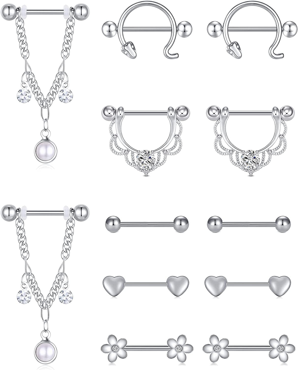 LAURITAMI Nipple Rings for Women Nipple Piercing Jewelry 14G Nipple Rings Surgical Steel Nipple Jewelry Straight Barbell Tongue Rings for Women CZ Nipplering Piercing Jewelry Set Apparel & Accessories > Jewelry > Body Jewelry LAURITAMI D -silver  