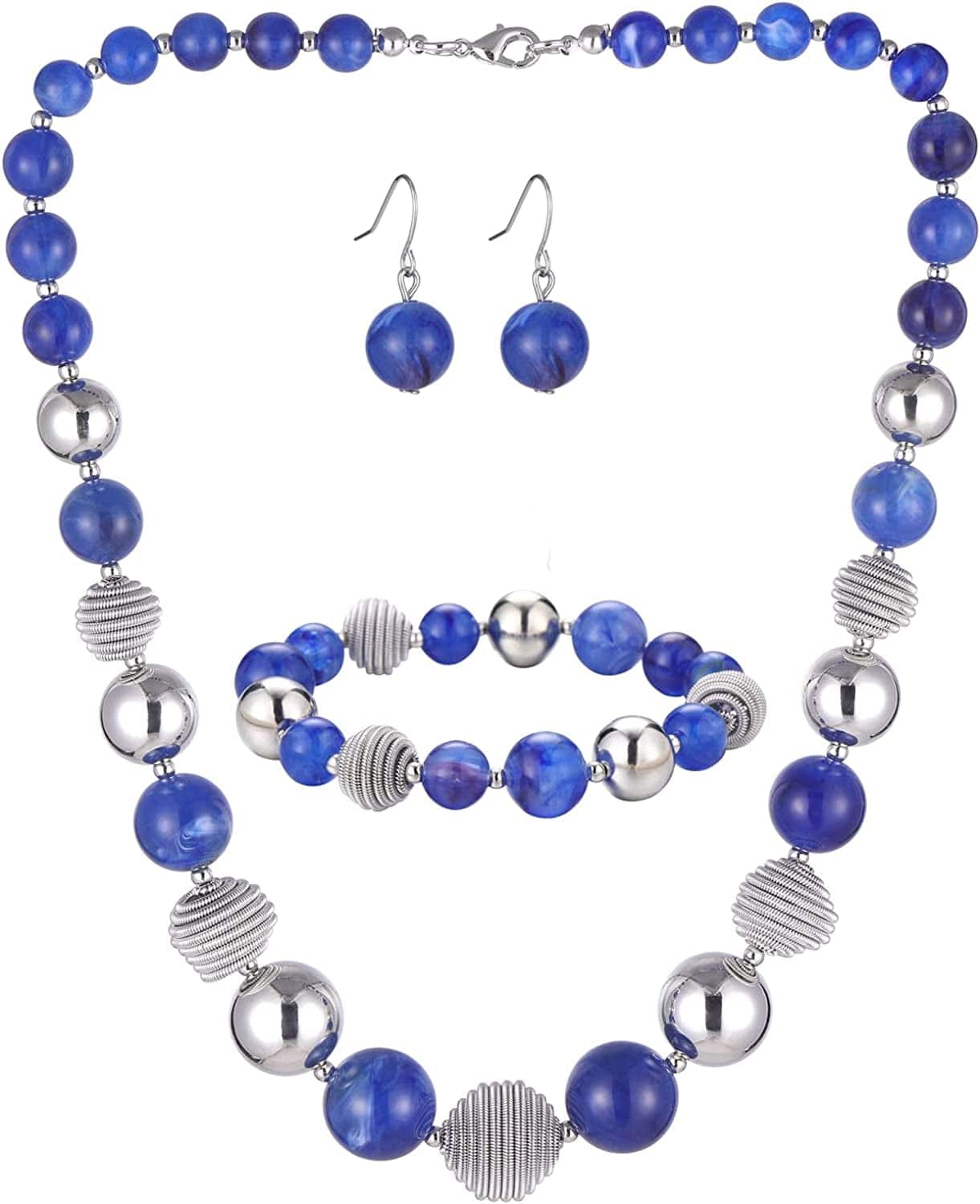 Beaded Chunky Statement Necklace Earring and Bracelet Set Silver Metal Bead Fashion Jewelry Set Mothers’ Day Gifts for Women Sapphire