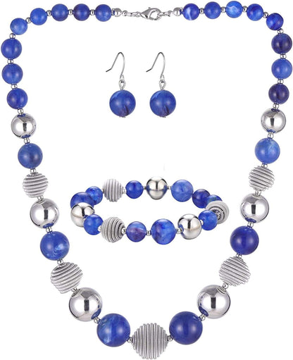 Beaded Chunky Statement Necklace Earring and Bracelet Set Silver Metal Bead Fashion Jewelry Set Mothers’ Day Gifts for Women Sapphire