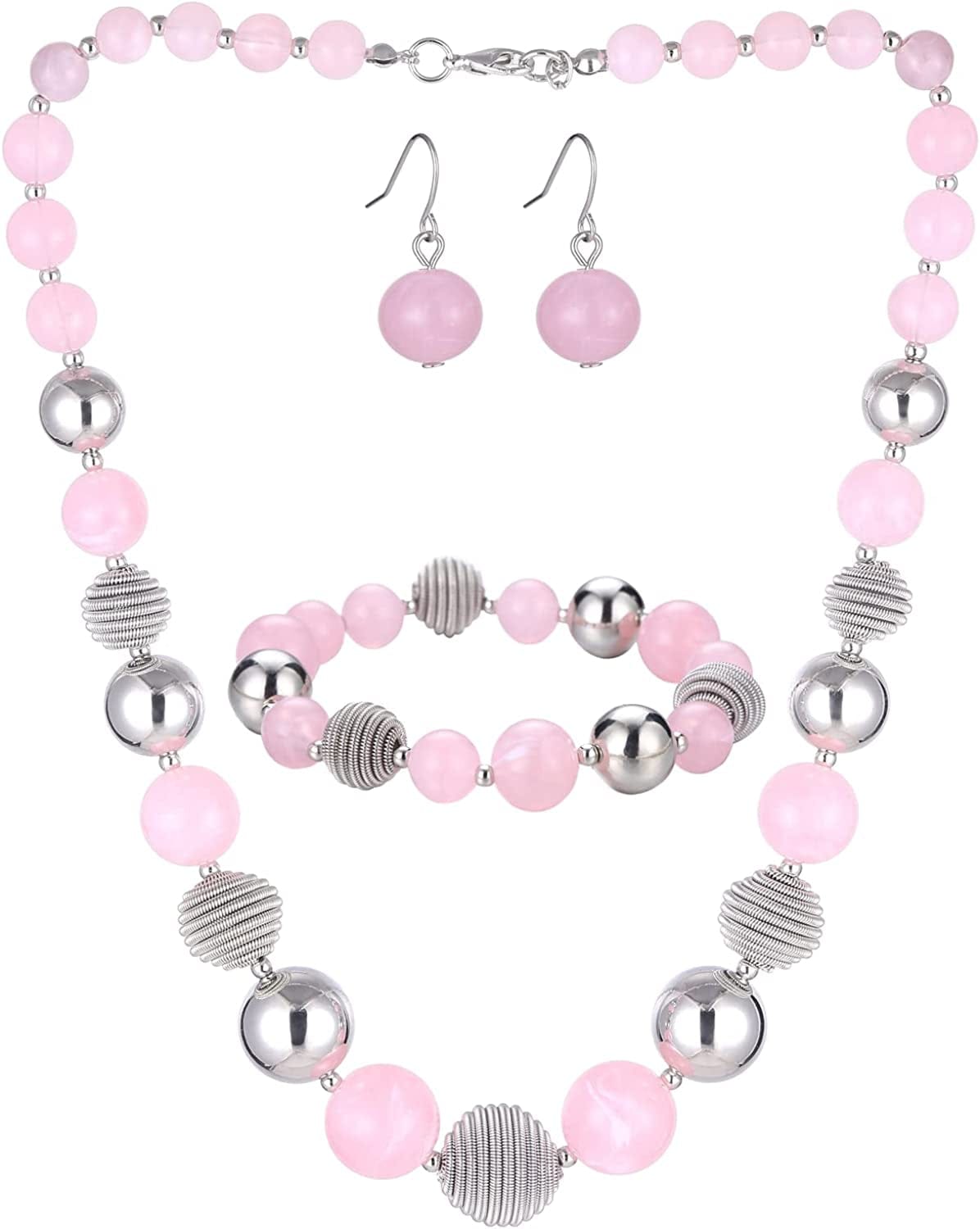 Beaded Chunky Statement Necklace Earring and Bracelet Set Silver Metal Bead Fashion Jewelry Set Mothers’ Day Gifts for Women light pink