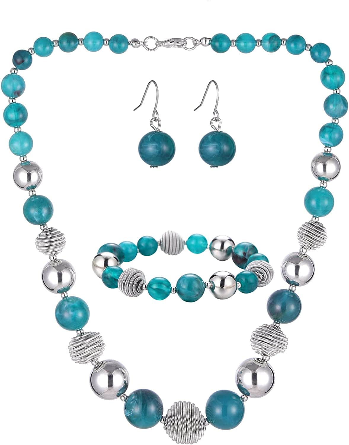 Beaded Chunky Statement Necklace Earring and Bracelet Set Silver Metal Bead Fashion Jewelry Set Mothers’ Day Gifts for Women Sea Green