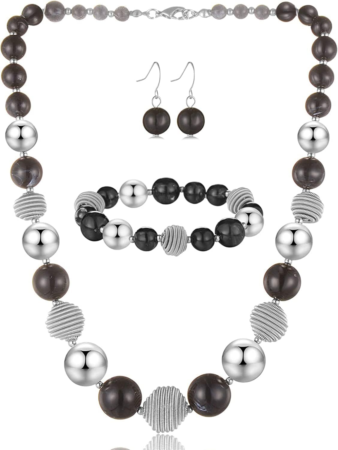 Beaded Chunky Statement Necklace Earring and Bracelet Set Silver Metal Bead Fashion Jewelry Set Mothers’ Day Gifts for Women Black