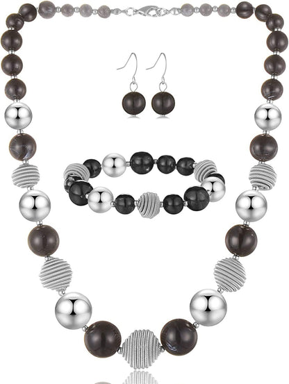 Beaded Chunky Statement Necklace Earring and Bracelet Set Silver Metal Bead Fashion Jewelry Set Mothers’ Day Gifts for Women Black
