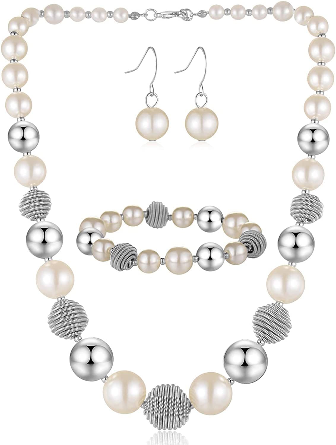 Beaded Chunky Statement Necklace Earring and Bracelet Set Silver Metal Bead Fashion Jewelry Set Mothers’ Day Gifts for Women White pearl
