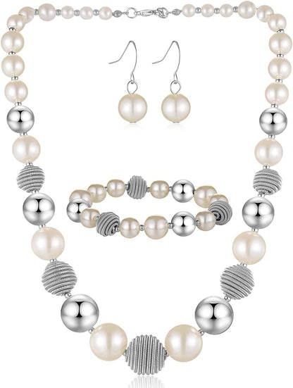 Beaded Chunky Statement Necklace Earring and Bracelet Set Silver Metal Bead Fashion Jewelry Set Mothers’ Day Gifts for Women White pearl
