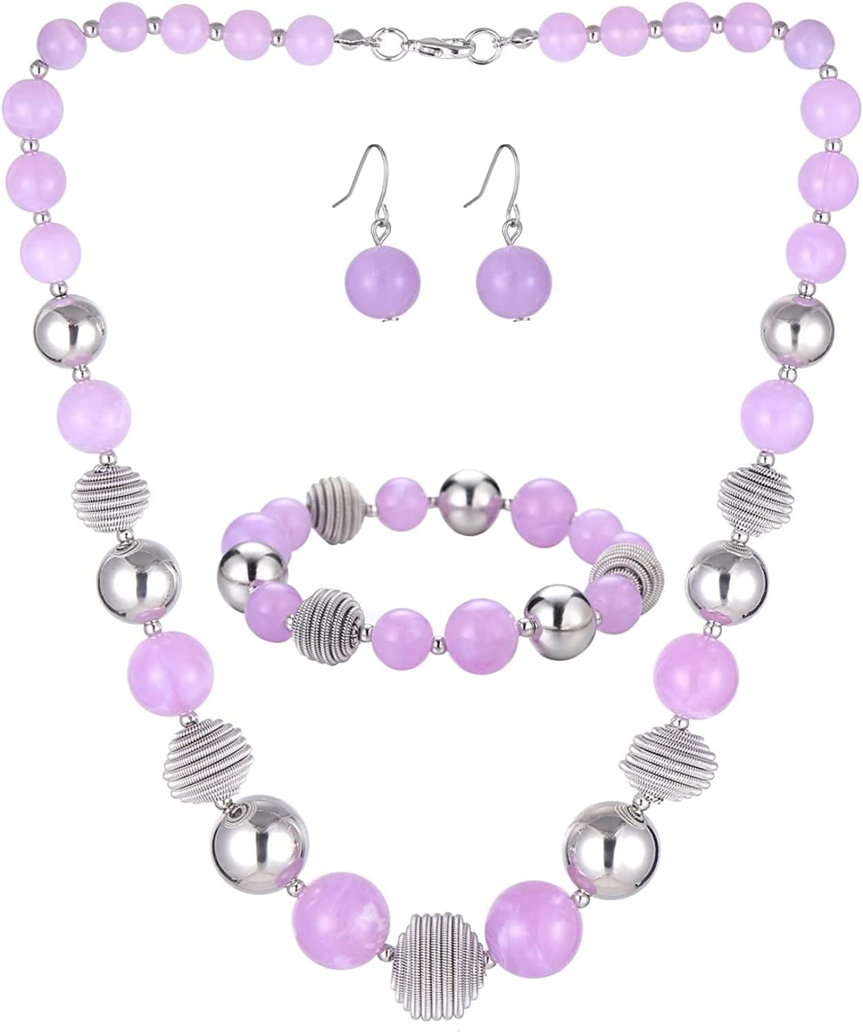 Beaded Chunky Statement Necklace Earring and Bracelet Set Silver Metal Bead Fashion Jewelry Set Mothers’ Day Gifts for Women light purple