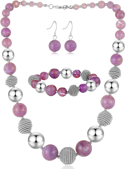 Beaded Chunky Statement Necklace Earring and Bracelet Set Silver Metal Bead Fashion Jewelry Set Mothers’ Day Gifts for Women Purple