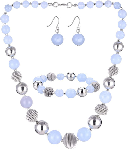 Beaded Chunky Statement Necklace Earring and Bracelet Set Silver Metal Bead Fashion Jewelry Set Mothers’ Day Gifts for Women Light blue