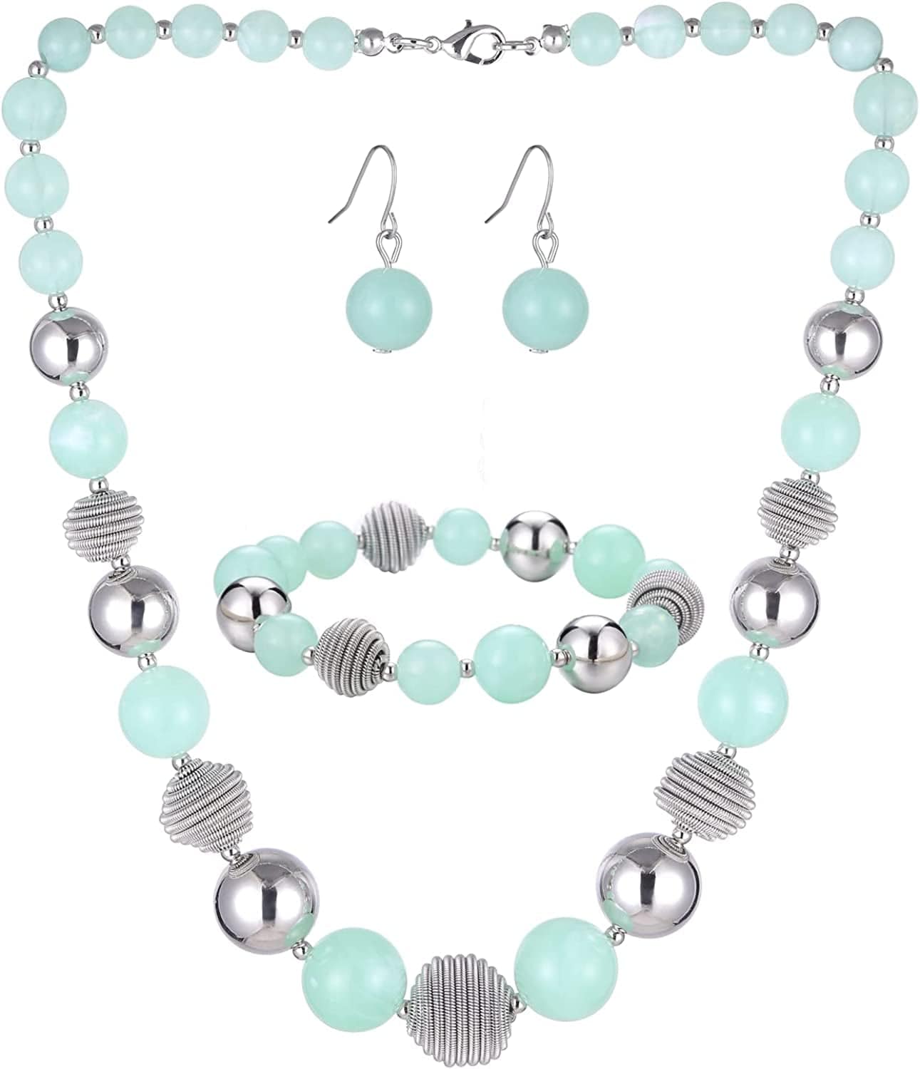 Beaded Chunky Statement Necklace Earring and Bracelet Set Silver Metal Bead Fashion Jewelry Set Mothers’ Day Gifts for Women light green
