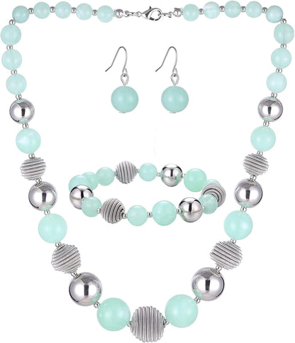 Beaded Chunky Statement Necklace Earring and Bracelet Set Silver Metal Bead Fashion Jewelry Set Mothers’ Day Gifts for Women light green