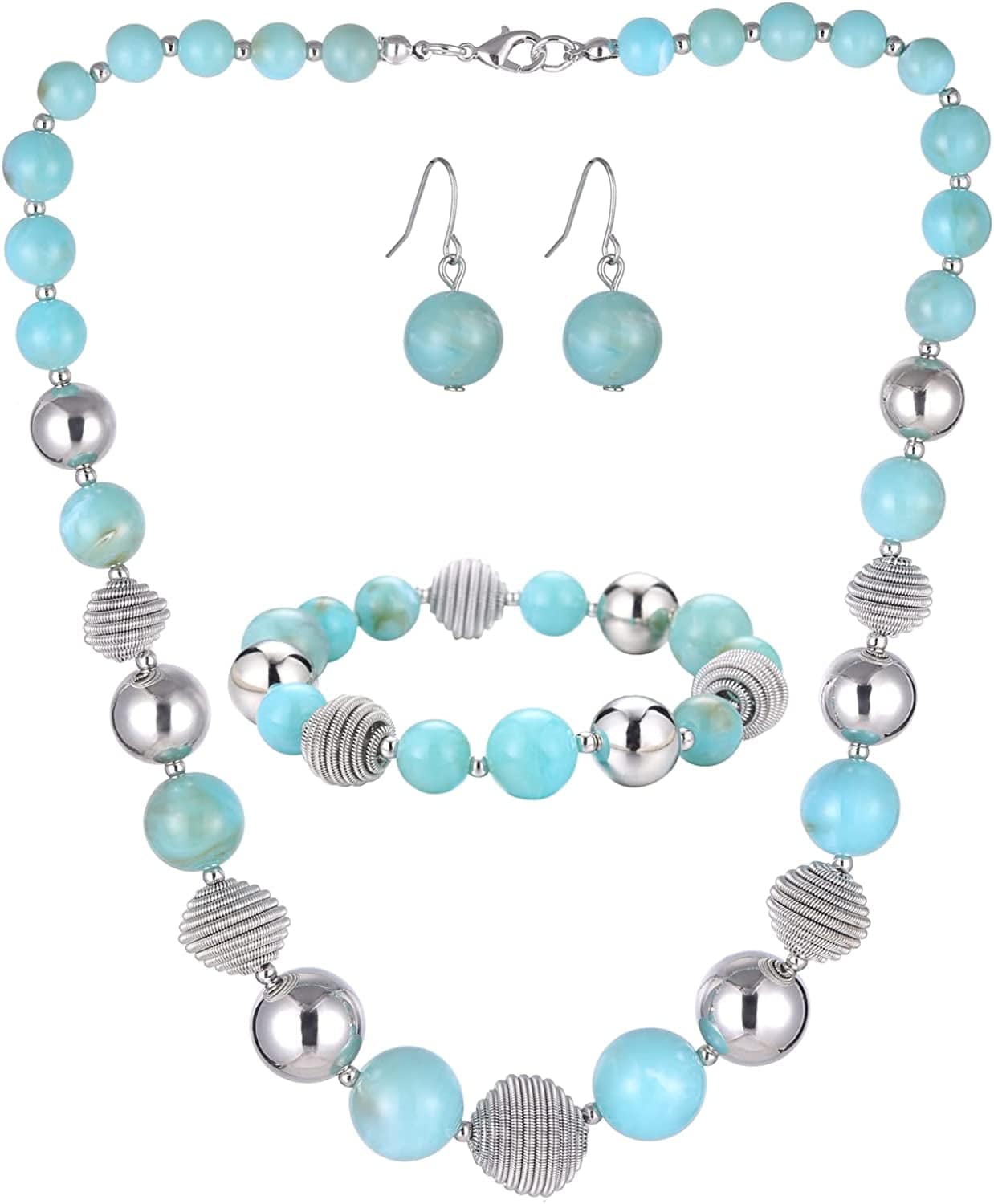 Beaded Chunky Statement Necklace Earring and Bracelet Set Silver Metal Bead Fashion Jewelry Set Mothers’ Day Gifts for Women Turquoise