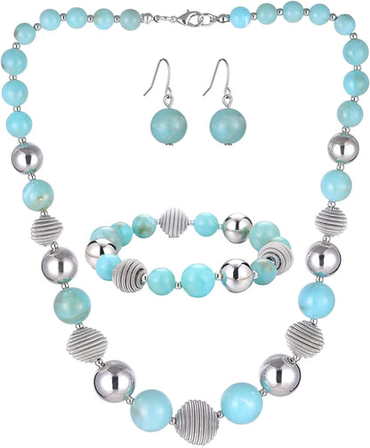 Beaded Chunky Statement Necklace Earring and Bracelet Set Silver Metal Bead Fashion Jewelry Set Mothers’ Day Gifts for Women Turquoise