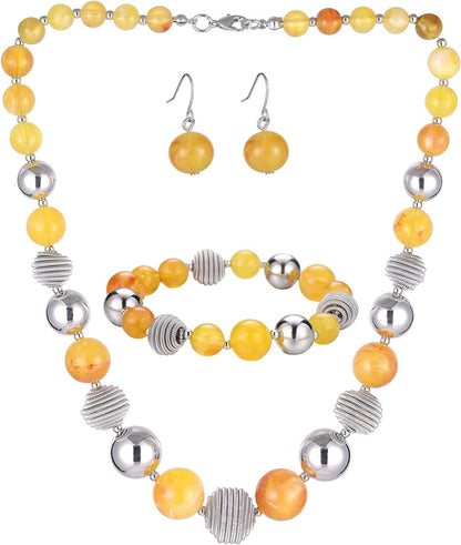 Beaded Chunky Statement Necklace Earring and Bracelet Set Silver Metal Bead Fashion Jewelry Set Mothers’ Day Gifts for Women Yellow