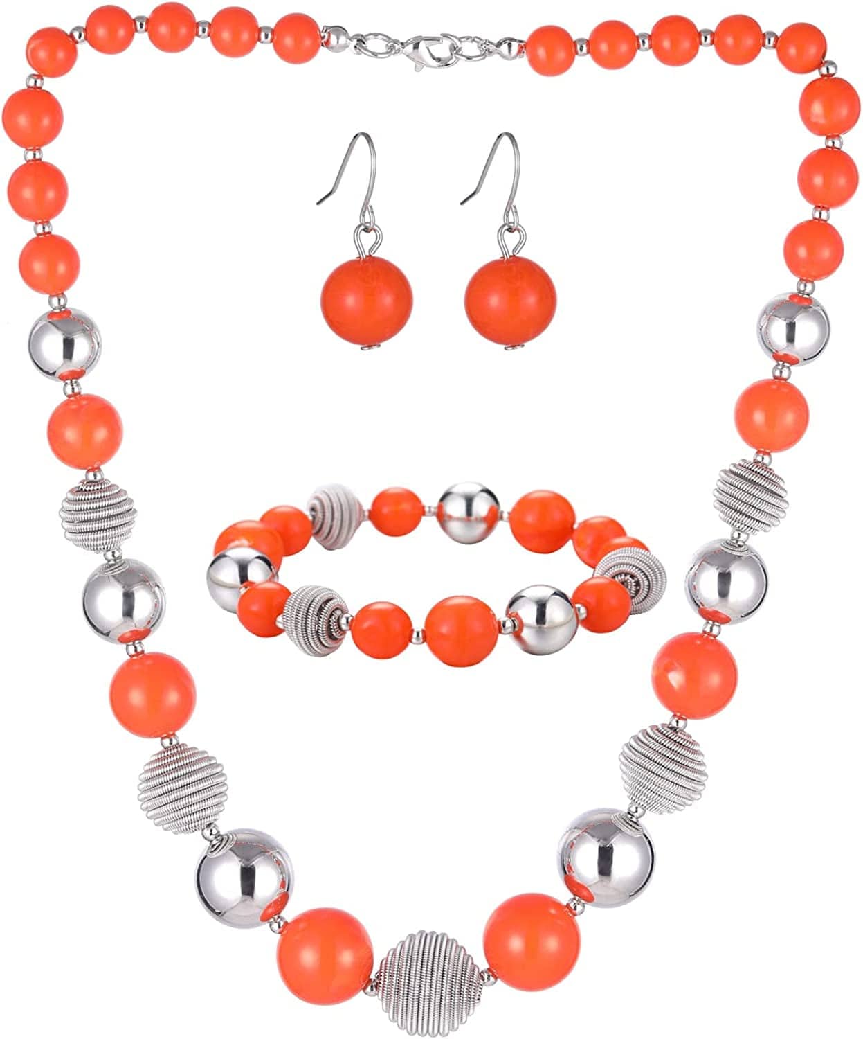 Beaded Chunky Statement Necklace Earring and Bracelet Set Silver Metal Bead Fashion Jewelry Set Mothers’ Day Gifts for Women Orange