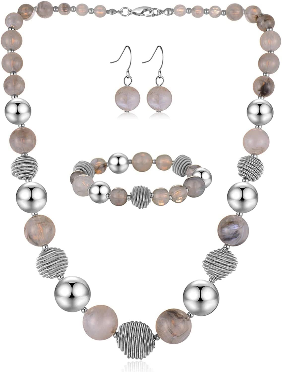 Beaded Chunky Statement Necklace Earring and Bracelet Set Silver Metal Bead Fashion Jewelry Set Mothers’ Day Gifts for Women Grey