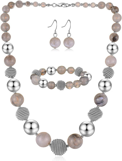 Beaded Chunky Statement Necklace Earring and Bracelet Set Silver Metal Bead Fashion Jewelry Set Mothers’ Day Gifts for Women Grey