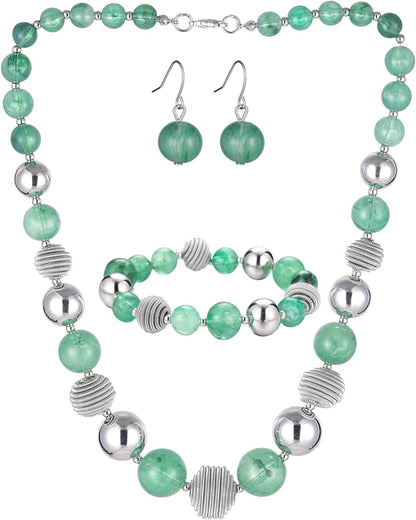 Beaded Chunky Statement Necklace Earring and Bracelet Set Silver Metal Bead Fashion Jewelry Set Mothers’ Day Gifts for Women Jade Green