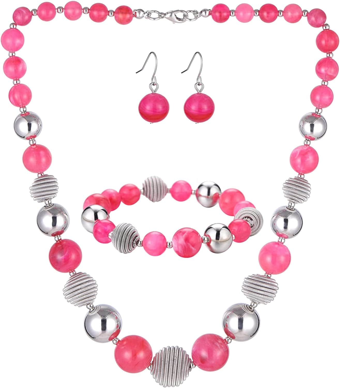 Beaded Chunky Statement Necklace Earring and Bracelet Set Silver Metal Bead Fashion Jewelry Set Mothers’ Day Gifts for Women Hot Pink