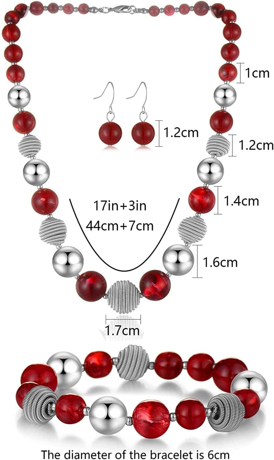 Beaded Chunky Statement Necklace Earring and Bracelet Set Silver Metal Bead Fashion Jewelry Set Mothers’ Day Gifts for Women