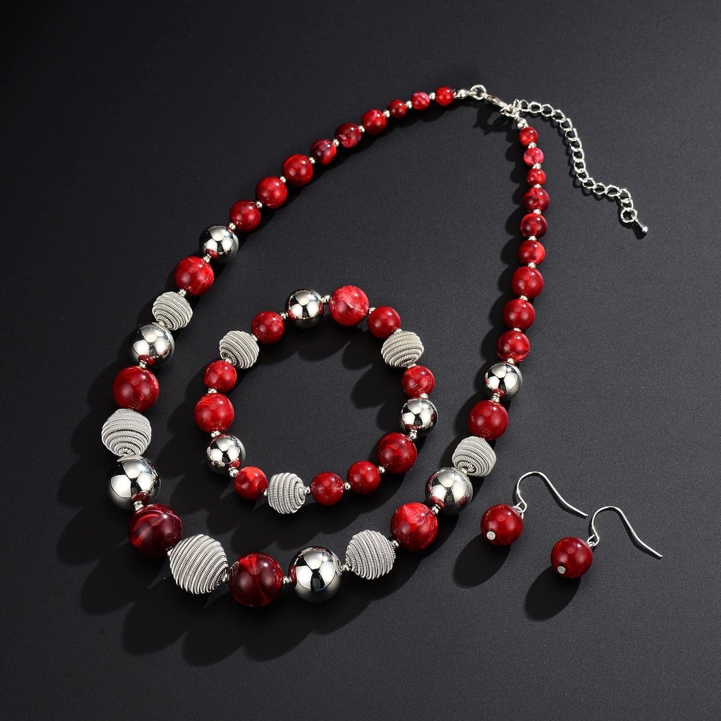 Beaded Chunky Statement Necklace Earring and Bracelet Set Silver Metal Bead Fashion Jewelry Set Mothers’ Day Gifts for Women