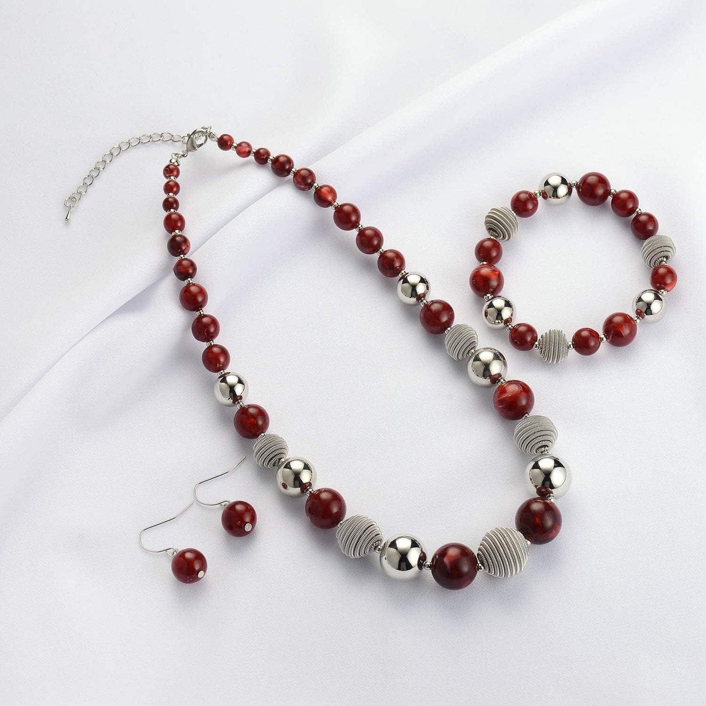 Beaded Chunky Statement Necklace Earring and Bracelet Set Silver Metal Bead Fashion Jewelry Set Mothers’ Day Gifts for Women