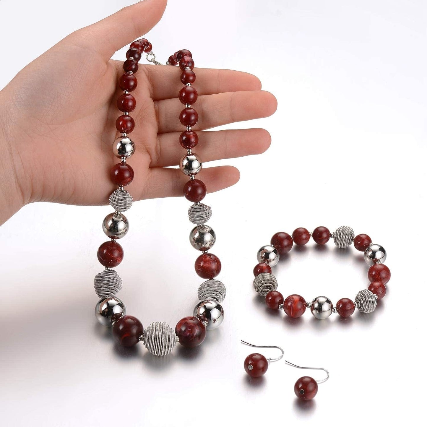 Beaded Chunky Statement Necklace Earring and Bracelet Set Silver Metal Bead Fashion Jewelry Set Mothers’ Day Gifts for Women
