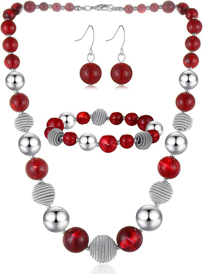 Beaded Chunky Statement Necklace Earring and Bracelet Set Silver Metal Bead Fashion Jewelry Set Mothers’ Day Gifts for Women Red