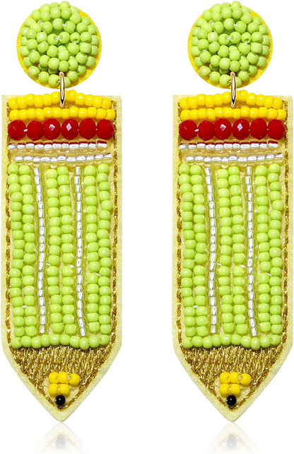 Beaded Pencil Earrings Teacher Earrings for Women Girls Handmade Funny Pencil Drop Dangle Earrings for Teachers Appreciation Day Back to School Creative Jewelry Gifts Green